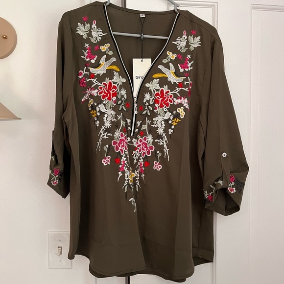 $55 Floral Embroidered V-Neck Boho Top - Olive Medium - Picture 2 of 6